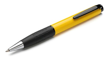 Naklejka premium Stylish yellow and black ballpoint pen with a comfortable grip, perfect for office, school, or everyday writing, isolated on white background