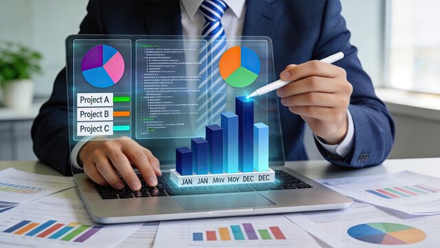 Executive using laptop with holographic project charts displaying Project A B C, monthly performance bars from Jan to Dec, pie charts, code snippets, illustrating advanced project