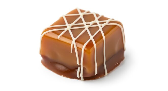 Gourmet square caramel candy or chocolate praline with elegant white icing drizzle, a sweet and decadent dessert treat, isolated on white background