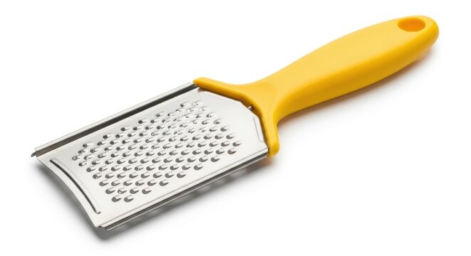 Kitchen grater with a yellow handle isolated on white background