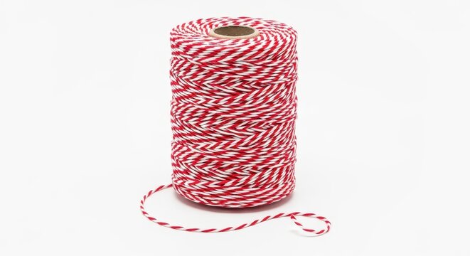 A spool of red and white bakers twine isolated on white background