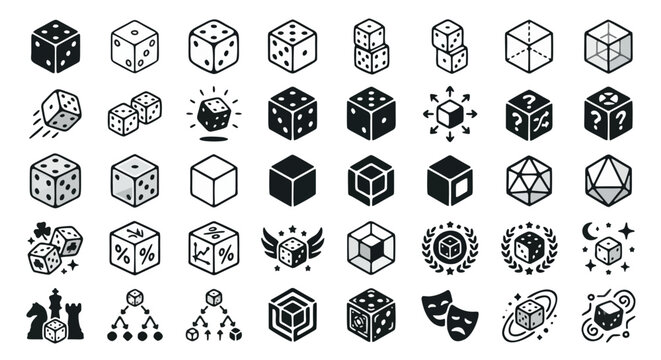 Minimalist dice icon set, 40 line art gambling and gaming symbols, black and white board game elements, geometric cube vector illustrations