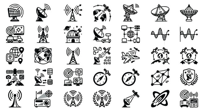 Satellite communication icons set, telecommunication and radar technology vector elements, 35 black line icons for global network and radio signals