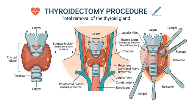 Thyroid gland removal surgical procedure steps.