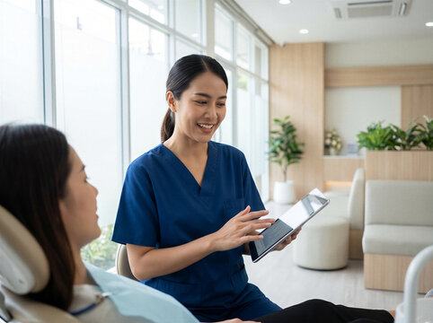 Thai nurse explaining medical results to patient on tablet