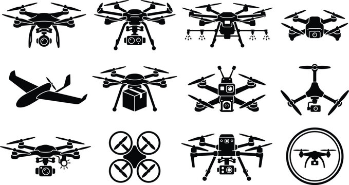 Drone and UAV Black Silhouette Icon Set Featuring Quadcopters, Delivery, Camera, Fixed Wing, and Agricultural Drones for Technology and Logistics Designs