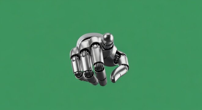 A robotic hand on green background.