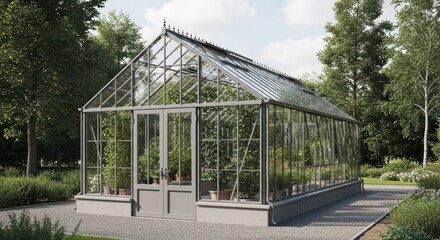 Obraz premium Modern glass greenhouse in a lush garden setting with gravel path and surrounding trees