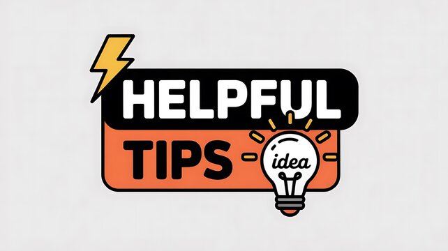 Helpful tips, advice icons, lightbulb idea symbol, yellow lightning bolt