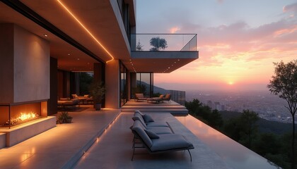 Obraz premium Modern luxury home exterior at sunset with city view. Infinity pool lounge chairs near fire pit. Sleek architecture with glass balcony overlooks valley.