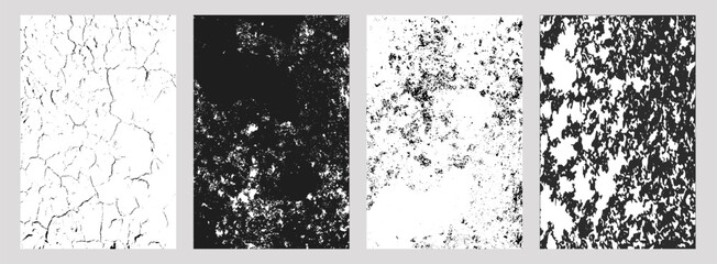 Set of four black-and-white abstract textures cracked earth, corroded surface, weathered concrete, and camouflage pattern, ideal for design, backgrounds, and creative projects © Lipitorika