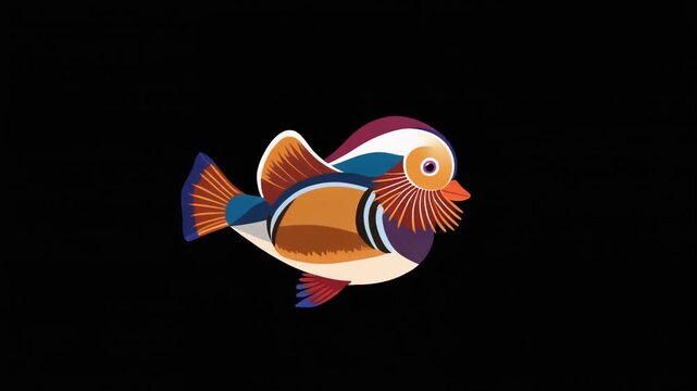 Animated Colorful Mandarin Duck Swimming and Floating Isolated on Black Background