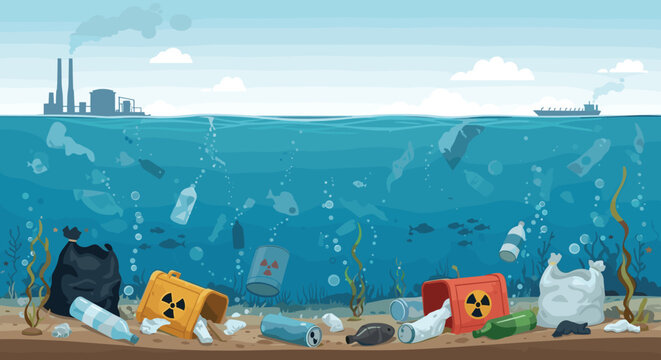 Disturbing illustration of ocean floor pollution featuring plastic waste, toxic waste barrels, and trash with a smoking factory in the background.