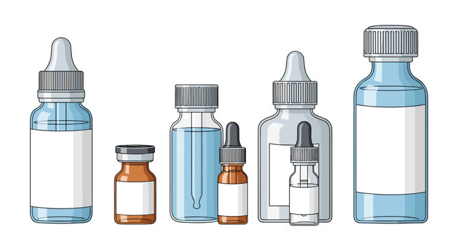 Extensive collection of various medical bottles and vials including blue glass bottles with droppers and brown medicine containers on a white background.