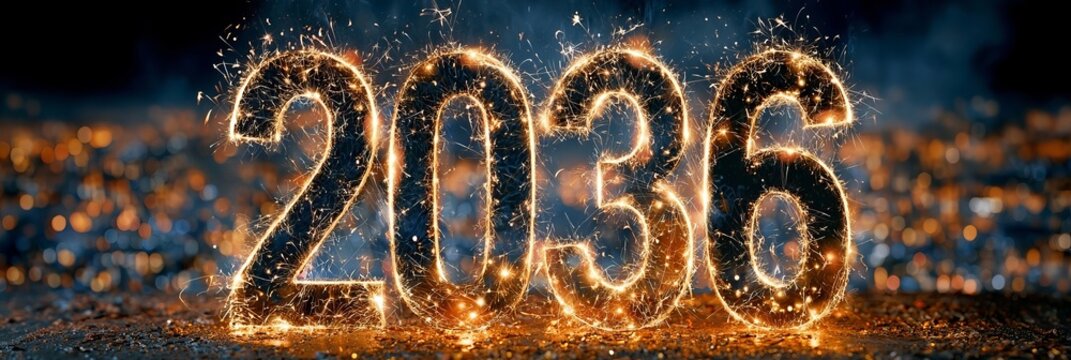 Vibrant New Year 2036 Celebration Banner with Luminous Numbers and Spectacular Fireworks Display