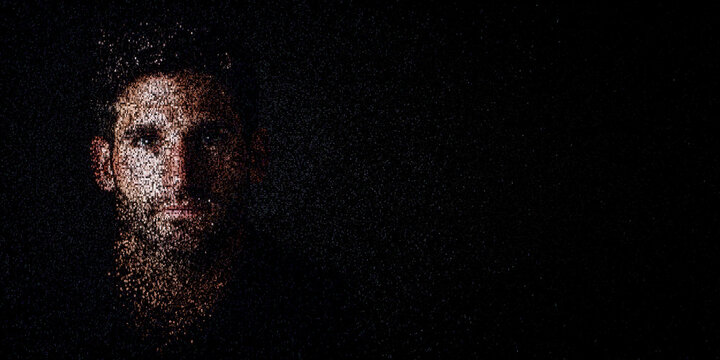 Digital ID Portrait of Man with Face made up of Computer code. Consent management Concept with copy-space.