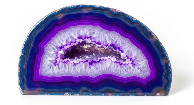 Purple dyed agate geode slice isolated on white background