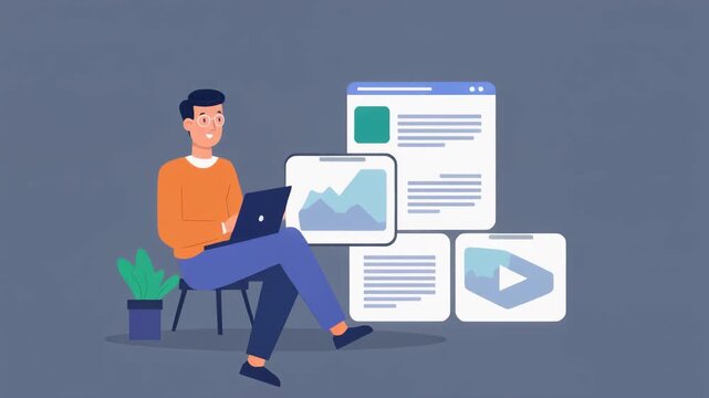 Cartoon Man Managing Digital Content and Data Analytics on Laptop for Marketing Concept