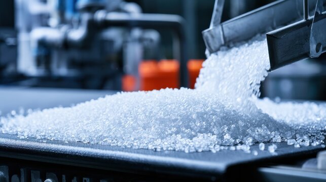 Industrial plastic pellets production on conveyor belt