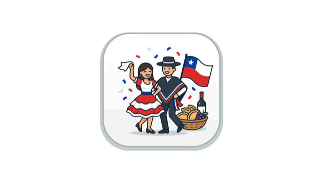 Chilean couple dancing cueca with flag, food, and wine