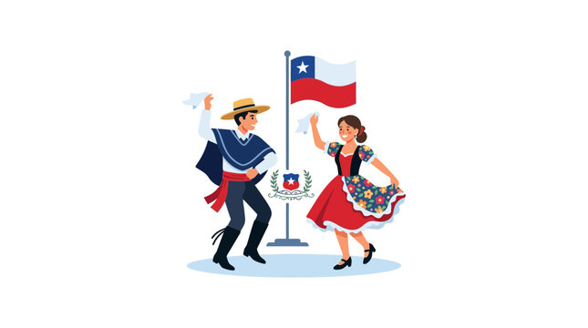 Chilean couple dancing traditional cueca with flag and emblem