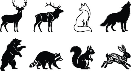 Fototapeta premium Wild animal silhouette collection, deer, elk, fox, wolf, bear, raccoon, squirrel, rabbit, wildlife vector illustration