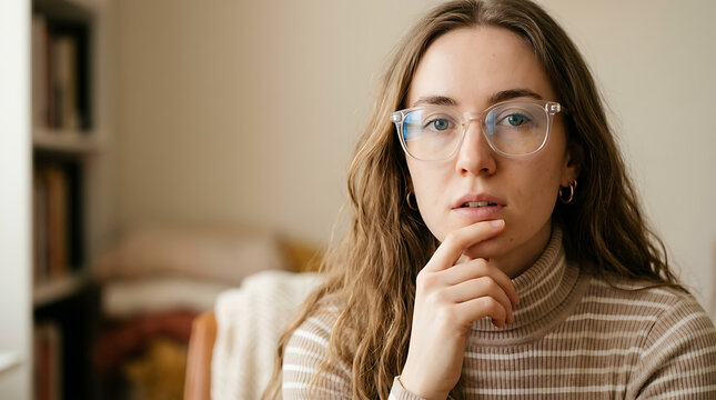 Thoughtful young woman with glasses and hand on chin looking puzzled