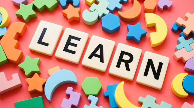 Colorful educational toys, learning blocks, puzzle pieces, star and moon shapes, kids' development tools