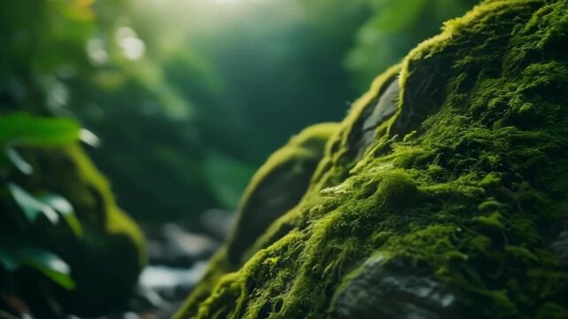 Close-up of Vibrant Green Moss Growing on Rocks in a Lush Tropical Forest with Soft Sunlight