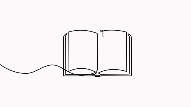 A minimalist continuous one-line drawing animation of an open book featuring a ribbon bookmark on a clean white background.