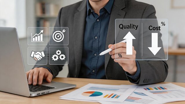 Quality up cost down business strategy concept, businessman analyzing financial charts on laptop, holographic interface showing growth and savings, corporate management efficiency