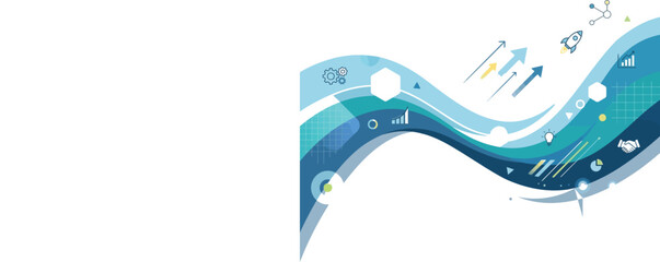 Business growth concept with abstract rainbow waves and rocket ship icons business abstract marketing strategy development infographic performance progress corporate © sayda