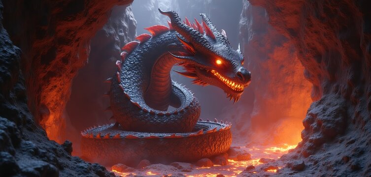 Majestic dragon rests coiled in fiery cavern lair. Glowing orange eyes pierce dark cave. Creature possesses dark scales and red spines. Lava pools nearby illuminate rocky walls.