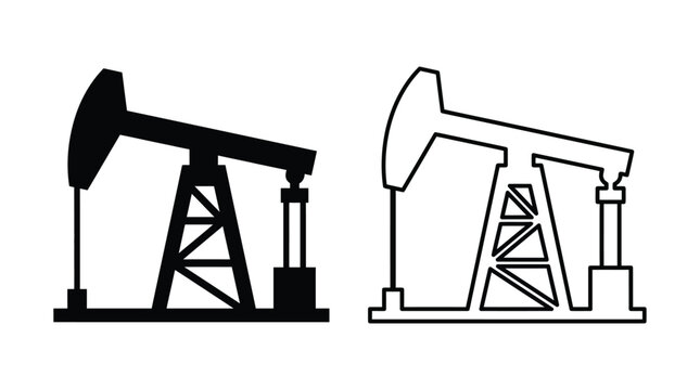 Oil pump jack silhouettes black and white linear illustration