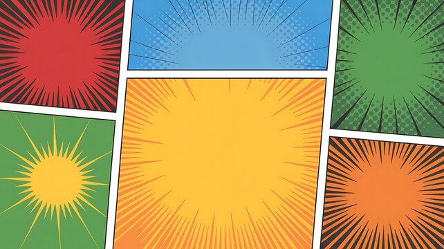 Vibrant pop art sunburst effects, colorful explosion backgrounds, abstract comic book textures, bright radiant squares