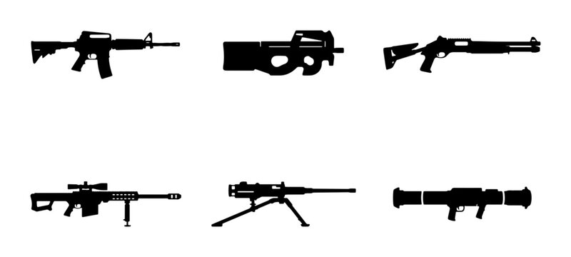 Modern Weapon Silhouettes: Assault Rifle, SMG, Shotgun, Sniper, Machine Gun, Rocket Launcher