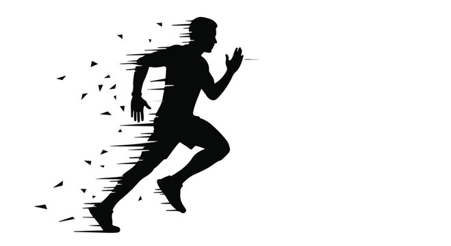 Dynamic silhouette of a runner dissolving into particles, symbolizing speed and energy.