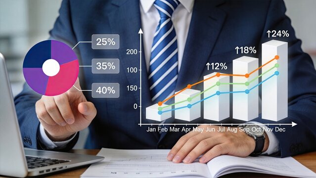 Businessman analyzing financial growth charts, data visualization on screen, corporate success strategy planning, increasing profit statistics, economic development concept for