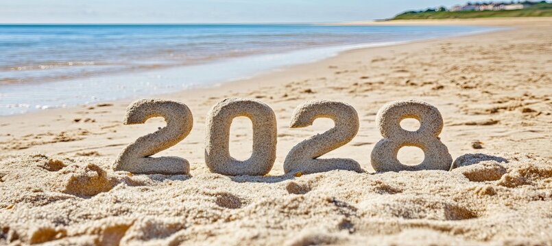 Golden Sand Numerals on Beach Foreshadowing the Year 2028, Perfect for Summer Holiday Memories
