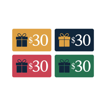Four colorful gift cards with thirty dollar value on a white background