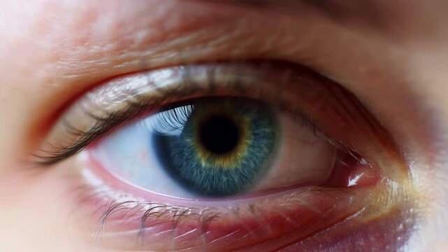 Close-up human eye with blue green iris and natural lashes