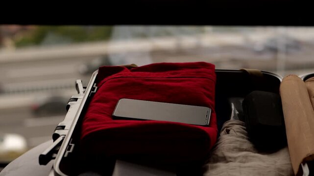 Relaxed traveler throw smartphone, packing up clothes and stuff into light case. Phone fly and fall down on red shirt, slow motion shot. Suitcase lie against room window, blurred car traffic seen out