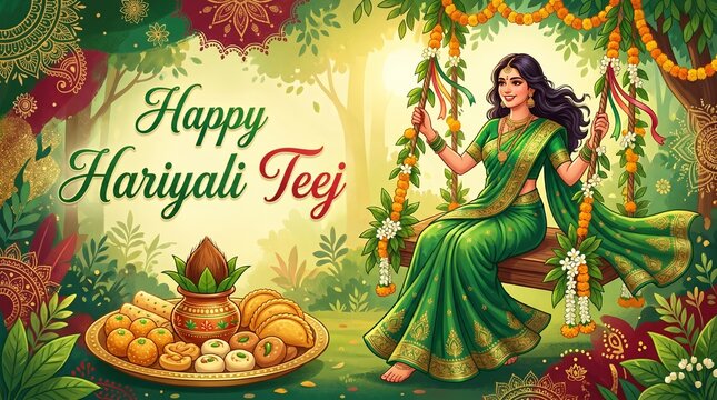 Beautiful Indian Woman Celebrating Hariyali Teej Festival on Swing with Mehndi and Puja Items Isolated on White