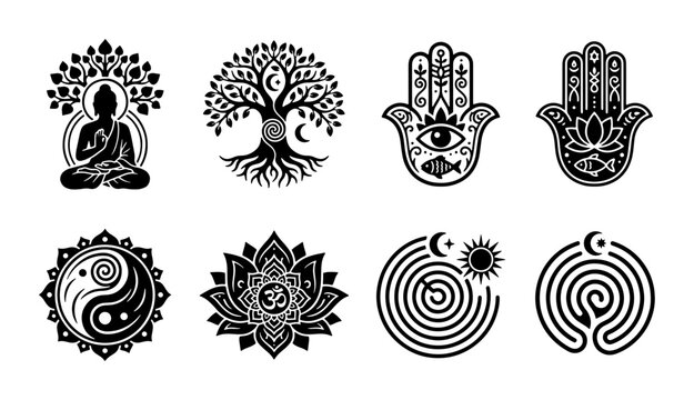 Spiritual Symbols Collection: Buddha, Tree of Life, Hamsa, Yin Yang, Lotus, Mazes