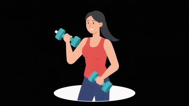 Animated Young Woman Character Exercising with Dumbbells Doing Bicep Curls for Fitness