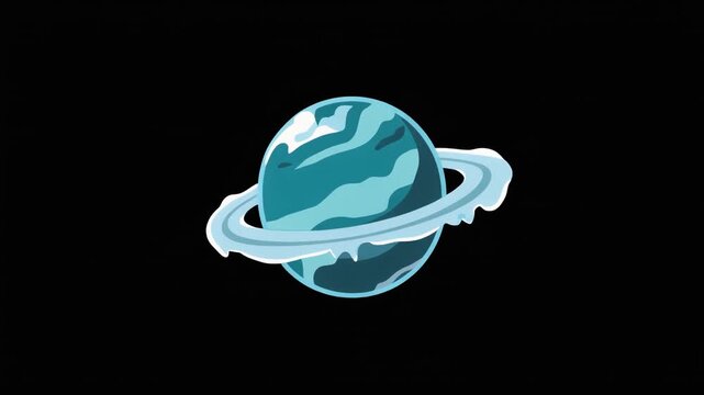 2D Cartoon Style Blue Ringed Planet with Rotating Rings Animation on Black Background