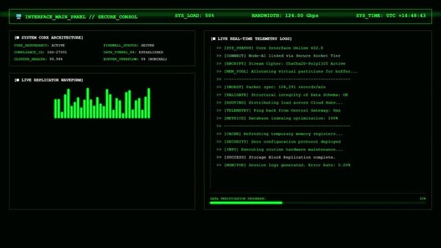 Secure Server Console System Architecture Live Telemetry Dashboard Animation.