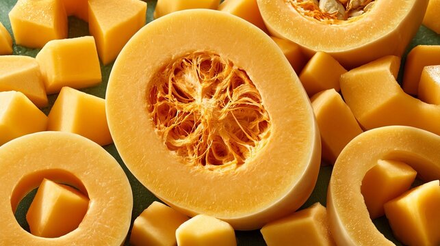 Vibrant and Colorful Display of Freshly Cut Butternut Squash Cubes and Sliced Rings on Wooden Board.