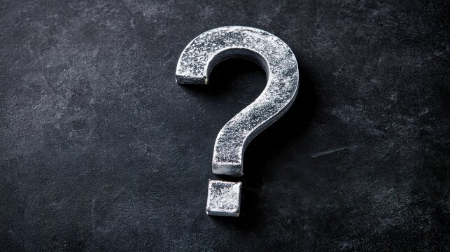 Silver question mark symbol on dark textured stone background