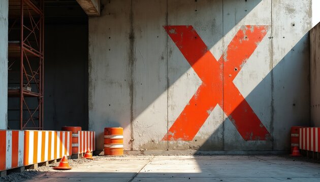 Construction site with large orange X mark on concrete wall. Orange barrels, safety barriers with cones denote restricted zone. Scaffolding visible in background. Project stalled or canceled concept.